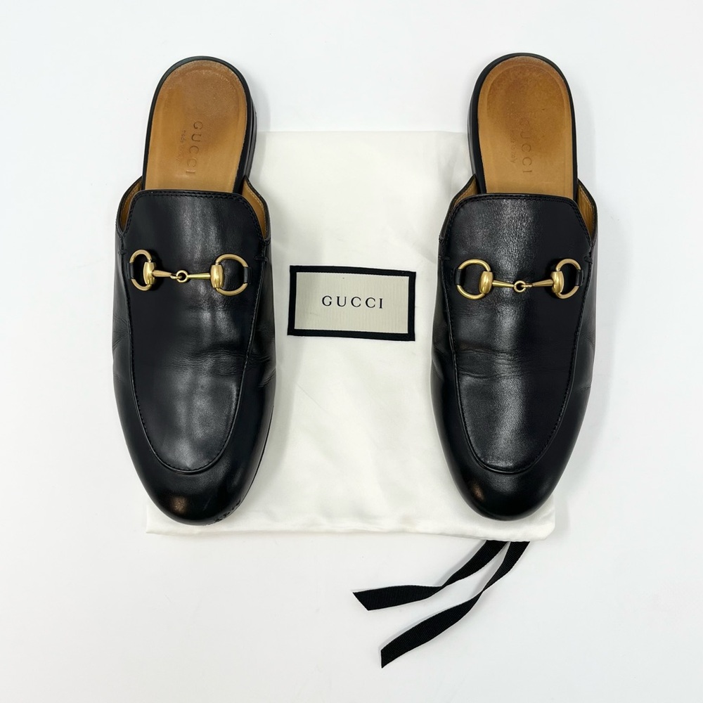 Gucci Black Leather Horsebit Backless Mules with Gold Hardware